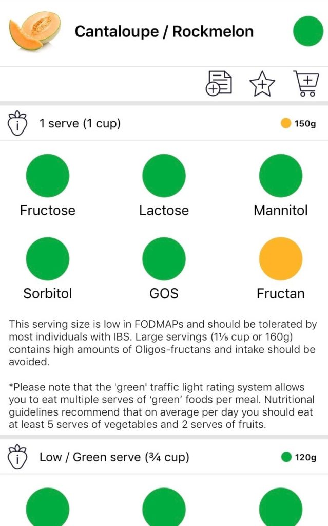 capture d'écran de l'application Fodmap Monash, qui montre les indications pour le melon