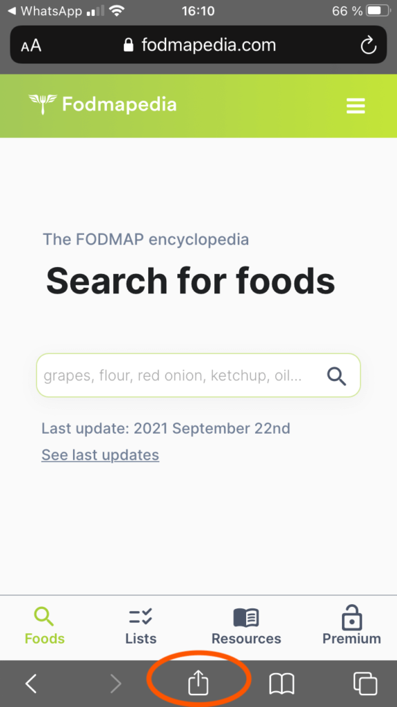 home screen of fodmapedia